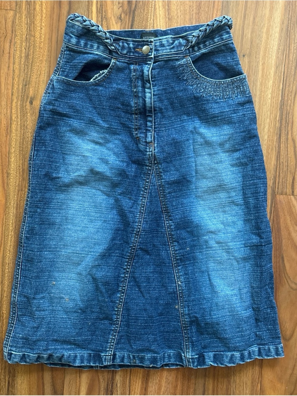 MSSR Blue Denim Euro Solid Midi A-Line Skirt Braided Waist Button Pockets 0/2